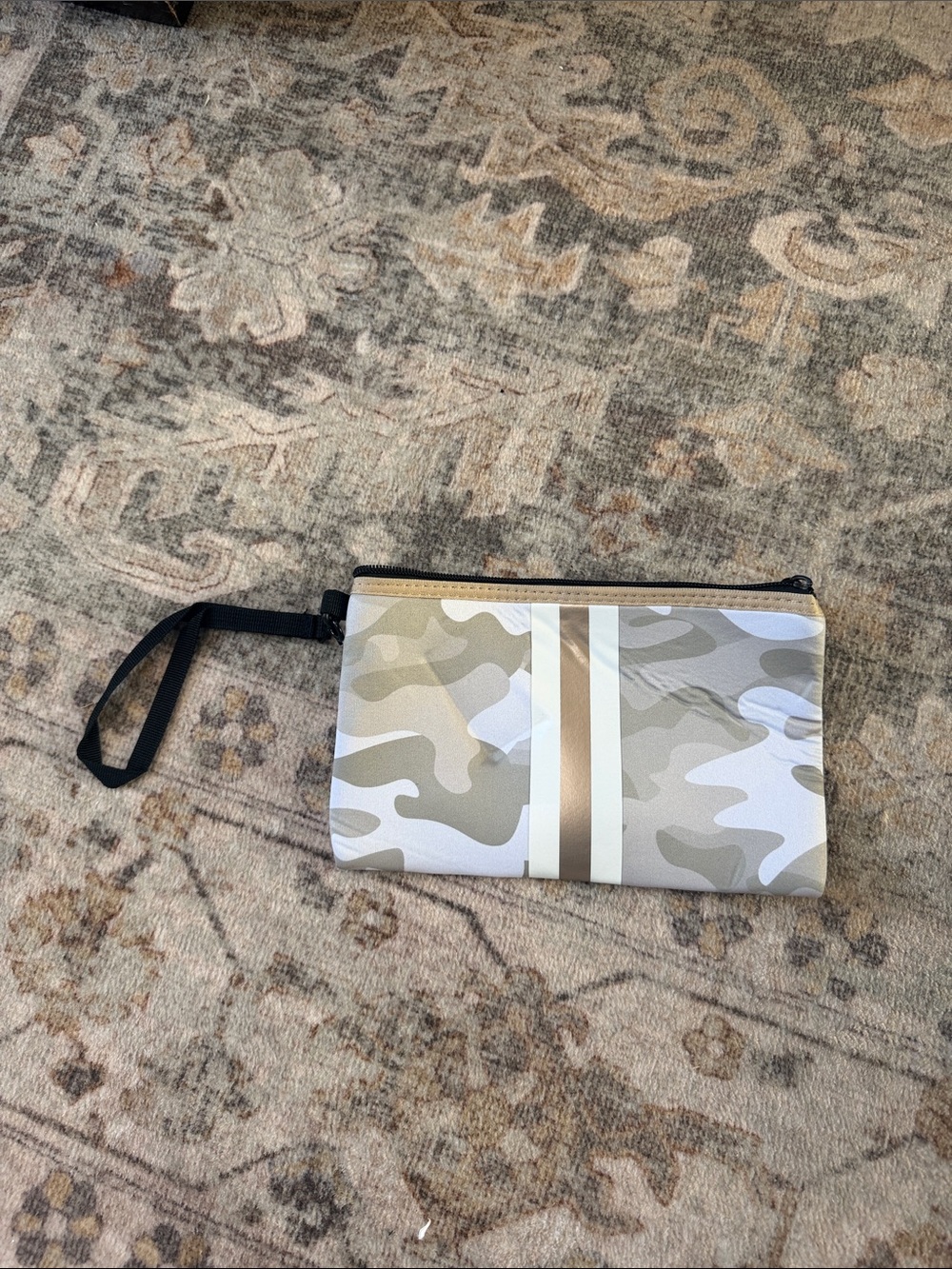 HAUTE SHORE Beige Camo Wristlet with Metallic Stripe